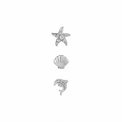 PRIMROSE Sterling Silver Cubic Zirconia Starfish Stud, Polished Shell, & Dolphin Stud Assorted 3-Pack Single Earrings Set