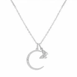 PRIMROSE Sterling Silver Cubic Zirconia Crescent Moon & Butterfly Pendant