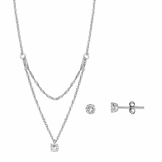 PRIMROSE Sterling Silver Cubic Zirconia Earrings & Double Layered Necklace Set