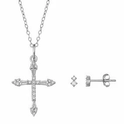 PRIMROSE Cubic Zirconia Double Round Stud Earrings & Cross Pendant Necklace Set Sterling Silver