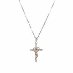 PRIMROSE Two Tone Sterling Silver Cubic Zirconia Cross & Twisted Heart Pendant Necklace