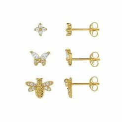 PRIMROSE 18k Gold Plated Cubic Zirconia Flower, Butterfly & Bee Stud Earring Trio Set