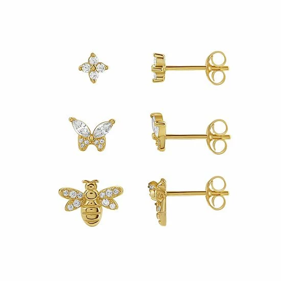PRIMROSE 18k Gold Plated Cubic Zirconia Flower, Butterfly & Bee Stud Earring Trio Set