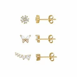 PRIMROSE 18k Gold Over Silver Cubic Zirconia Flower, Butterfly & Bar Stud Earring Set