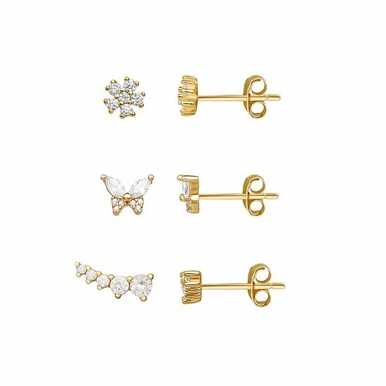 PRIMROSE 18k Gold Over Silver Cubic Zirconia Flower, Butterfly & Bar Stud Earring Set