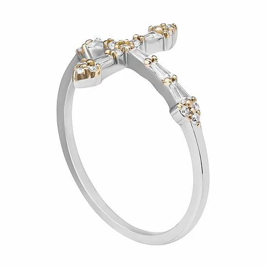 PRIMROSE Sterling Silver Cubic Zirconia Baguette Sideways Cross Ring - Image 2