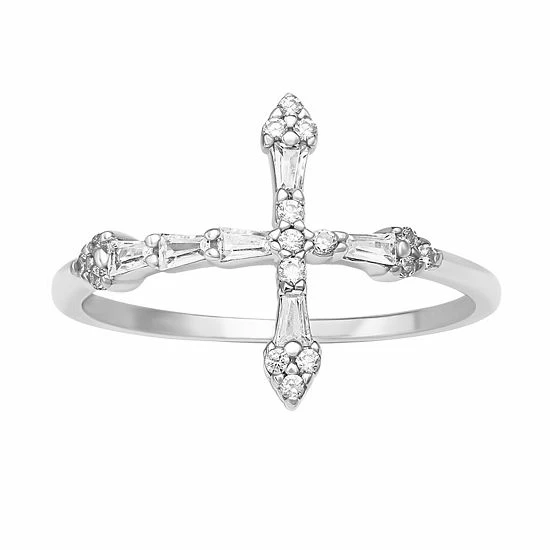 PRIMROSE Sterling Silver Cubic Zirconia Baguette Sideways Cross Ring - Image 5