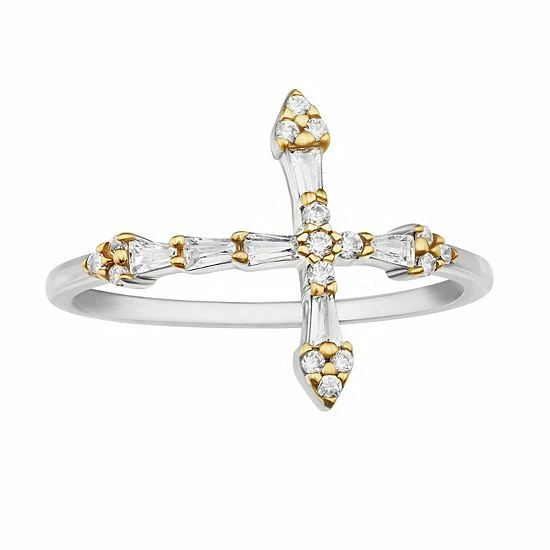 PRIMROSE Sterling Silver Cubic Zirconia Baguette Sideways Cross Ring - Image 7