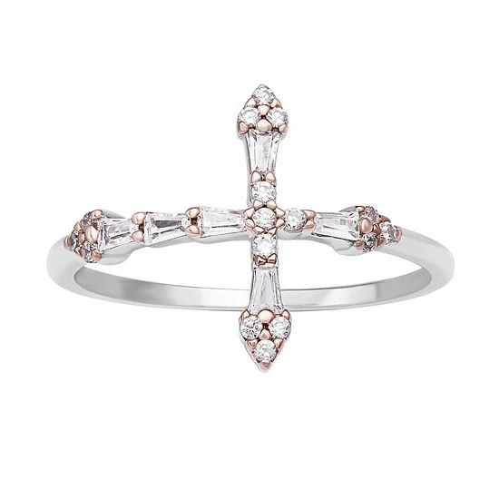 PRIMROSE Sterling Silver Cubic Zirconia Baguette Sideways Cross Ring - Image 8