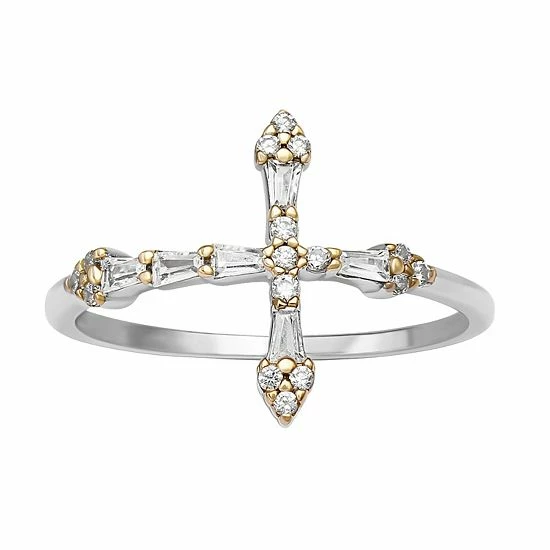 PRIMROSE Sterling Silver Cubic Zirconia Baguette Sideways Cross Ring - Image 9