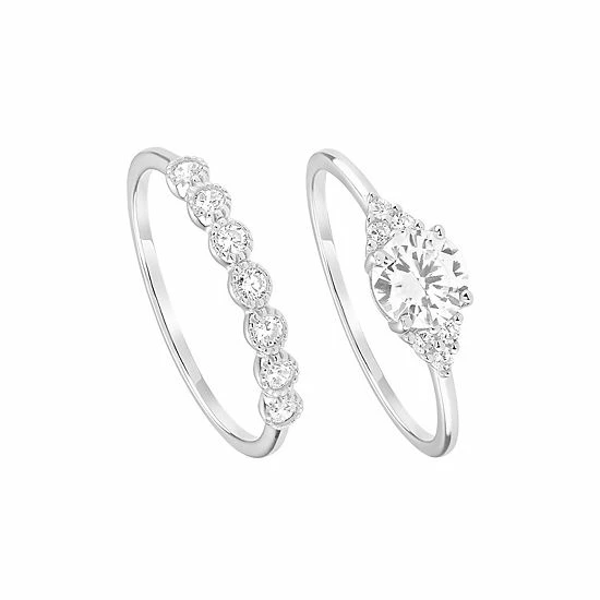 PRIMROSE Sterling Silver Cubic Zirconia Duo Ring Set - Image 2