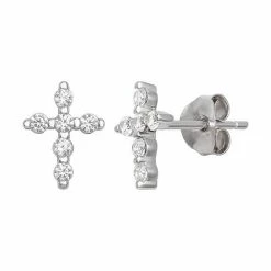 PRIMROSE Sterling Silver Round Cubic Zirconia Pave Cross Stud Earrings