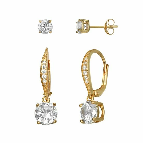 PRIMROSE Sterling Silver Cubic Zirconia Stud & Drop Earring Duo Set Gold Tone - Image 7