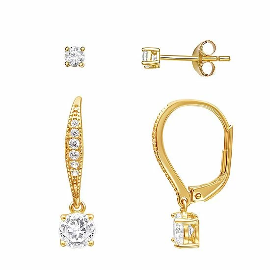 PRIMROSE Sterling Silver Cubic Zirconia Stud & Drop Earring Duo Set Gold Tone - Image 8