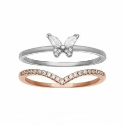 PRIMROSE Two Tone Sterling Silver Cubic Zirconia Butterfly & V-Shape Duo Ring Set