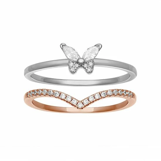 PRIMROSE Two Tone Sterling Silver Cubic Zirconia Butterfly & V-Shape Duo Ring Set