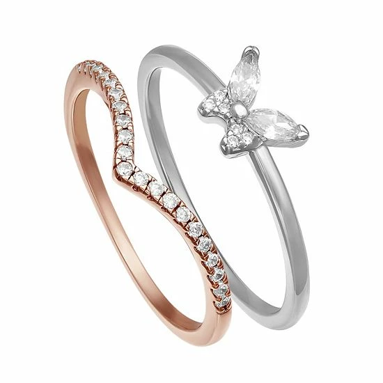 PRIMROSE Two Tone Sterling Silver Cubic Zirconia Butterfly & V-Shape Duo Ring Set - Image 2