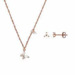 PRIMROSE Two Tone Sterling Silver Cubic Zirconia Butterfly Pendant & Stud Earring Set