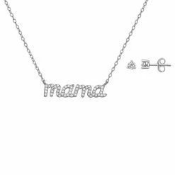 PRIMROSE Sterling Silver Stud Earrings & "MAMA" Necklace Set