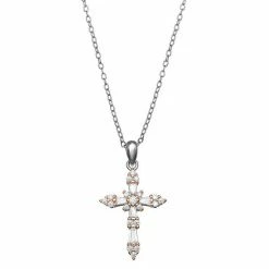 PRIMROSE Sterling Silver Cubic Zirconia Baguette Cross Pendant Necklace Sterling And Clear