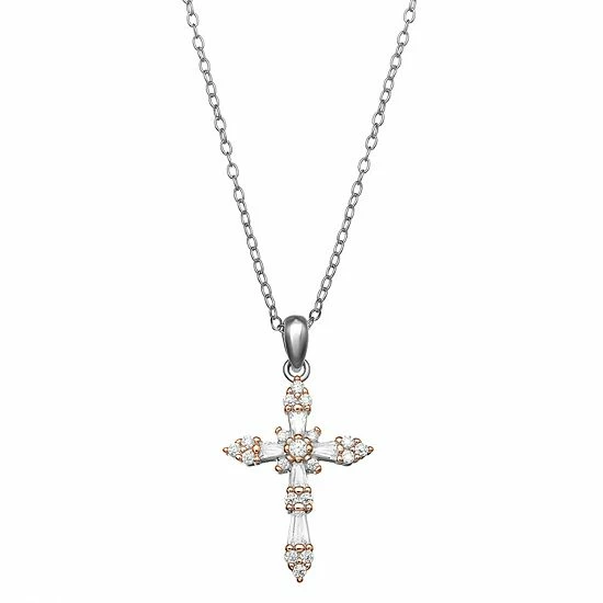 PRIMROSE Sterling Silver Cubic Zirconia Baguette Cross Pendant Necklace Sterling And Clear