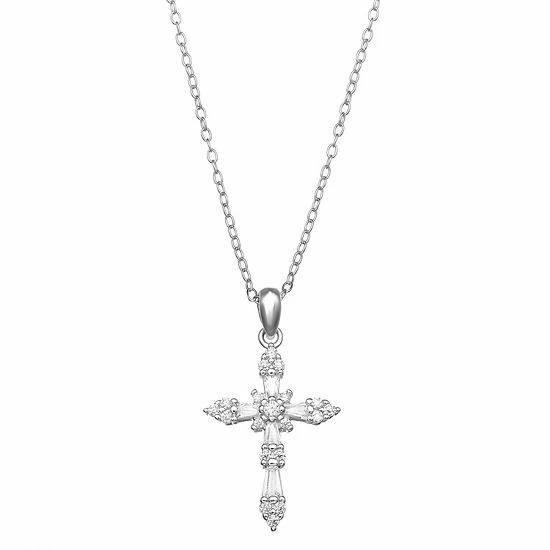 PRIMROSE Sterling Silver Cubic Zirconia Baguette Cross Pendant Necklace Sterling And Clear - Image 8