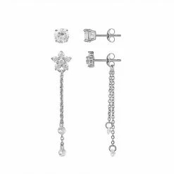 PRIMROSE Sterling Silver Flower & Cubic Zirconia Stud Earring Duo Set