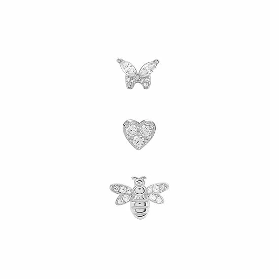 PRIMROSE Sterling Silver Cubic Zirconia Butterfly, Heart, & Bee Stud Assorted 3-Pack Single Earrings Set