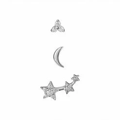 PRIMROSE Sterling Silver Cubic Zirconia Triple Stone, Polished Half Moon, & Triple Stars Stud Assorted 3-Pack Single Earrings Set