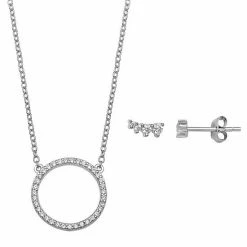 PRIMROSE Sterling Silver Cubic Zirconia Crawler Stud Earrings & Open Circle Pendant Necklace Set