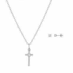 PRIMROSE Sterling Silver White Opal & Cubic Zirconia Cross Pendant & Stud Earring Set
