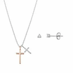 PRIMROSE Two Tone Sterling Silver Cubic Zirconia Cross Pendant & Stud Earring Set