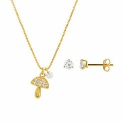 PRIMROSE 18k Gold Plated Mushroom Pendant & Cubic Zirconia Stud Earring Set