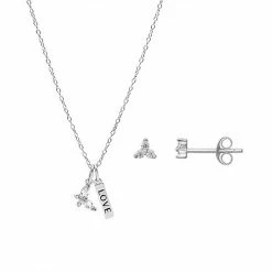 PRIMROSE Sterling Silver Cubic Zirconia Stud Earring & Butterfly "Love" Pendant Necklace Set