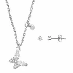 PRIMROSE Sterling Silver Cubic Zirconia Earring & Butterfly Pendant Necklace Set