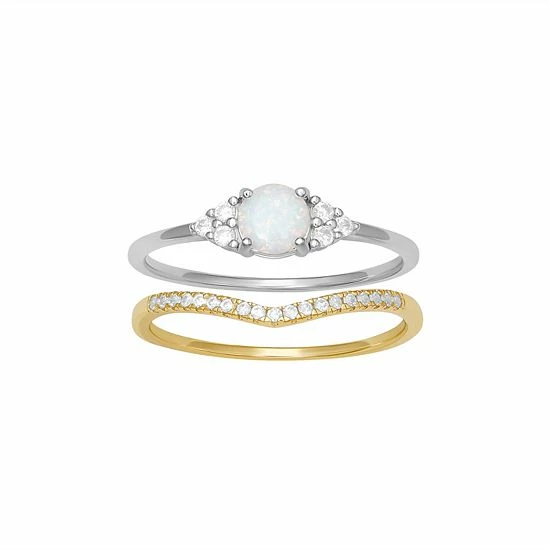 PRIMROSE Sterling Silver Opal & Cubic Zirconia Ring Duo Set