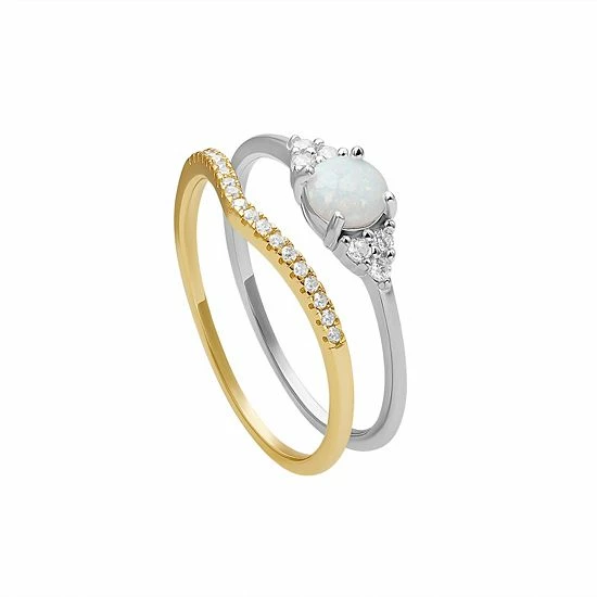 PRIMROSE Sterling Silver Opal & Cubic Zirconia Ring Duo Set - Image 2