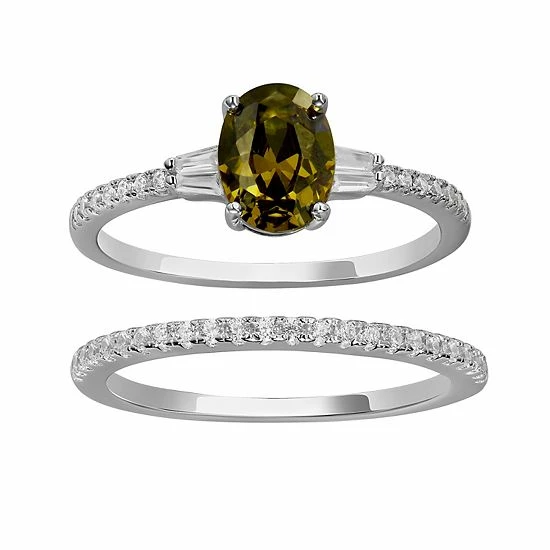 PRIMROSE Sterling Silver Oval Green Cubic Zirconia Ring Duo Set