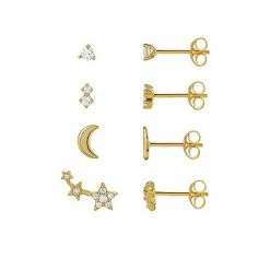 PRIMROSE Sterling Silver Cubic Zirconia Crescent Moon & Stars Stud 4-Pair Earring Set Gold Over Sterling