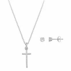 PRIMROSE Sterling Silver Cubic Zirconia Cross & Stud Earring Set