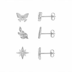 PRIMROSE Sterling Silver Cubic Zirconia Butterfly, Leaf & Starburst Stud Earring Trio Set