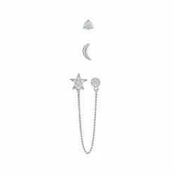 PRIMROSE Sterling Silver Opal & Cubic Zirconia Stud, Half Moon Stud & Star Double Stud Chain 3-Pack Single Earrings Set