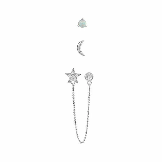 PRIMROSE Sterling Silver Opal & Cubic Zirconia Stud, Half Moon Stud & Star Double Stud Chain 3-Pack Single Earrings Set
