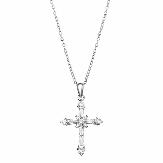 PRIMROSE Sterling Silver Cubic Zirconia Baguette Cross Pendant Necklace Gold Tone Clear - Image 7