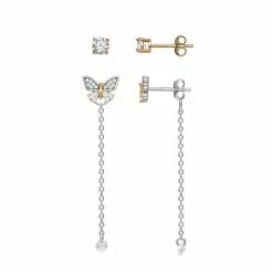 PRIMROSE Two Tone Sterling Silver Floating Cubic Zirconia Stud & Butterfly Dangle Earring Duo Set