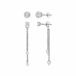 PRIMROSE Sterling Silver Crystal Fireball Stud & Cubic Zirconia Dangle Earring Duo Set