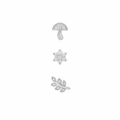 PRIMROSE Sterling Silver Cubic Zirconia Mushroom, Flower, & Leaf Stud Assorted 3-Pack Single Earrings Set