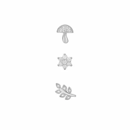 PRIMROSE Sterling Silver Cubic Zirconia Mushroom, Flower, & Leaf Stud Assorted 3-Pack Single Earrings Set