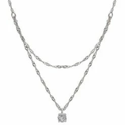 PRIMROSE Sterling Silver Singapore Double Chain & Round Cubic Zirconia Pendant Necklace