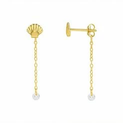 PRIMROSE 18k Gold Over Silver Cubic Zirconia Seashell Front To Back Chain Drop Earrings